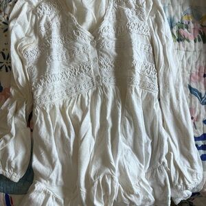 Anthropologie White Ruffled Long Sleeve Blouse